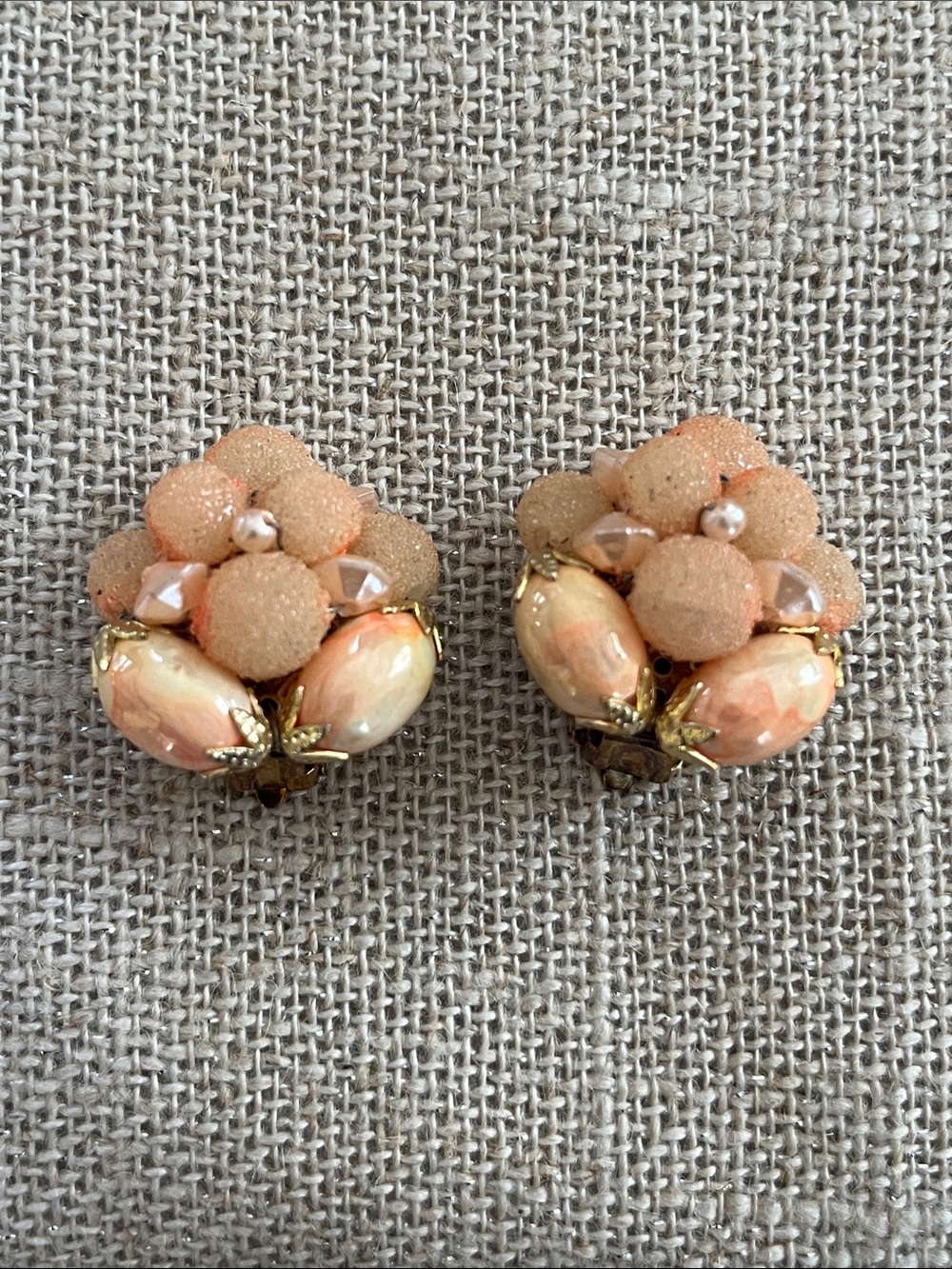 Vintage Peach Cluster Flower Clip-On Earrings